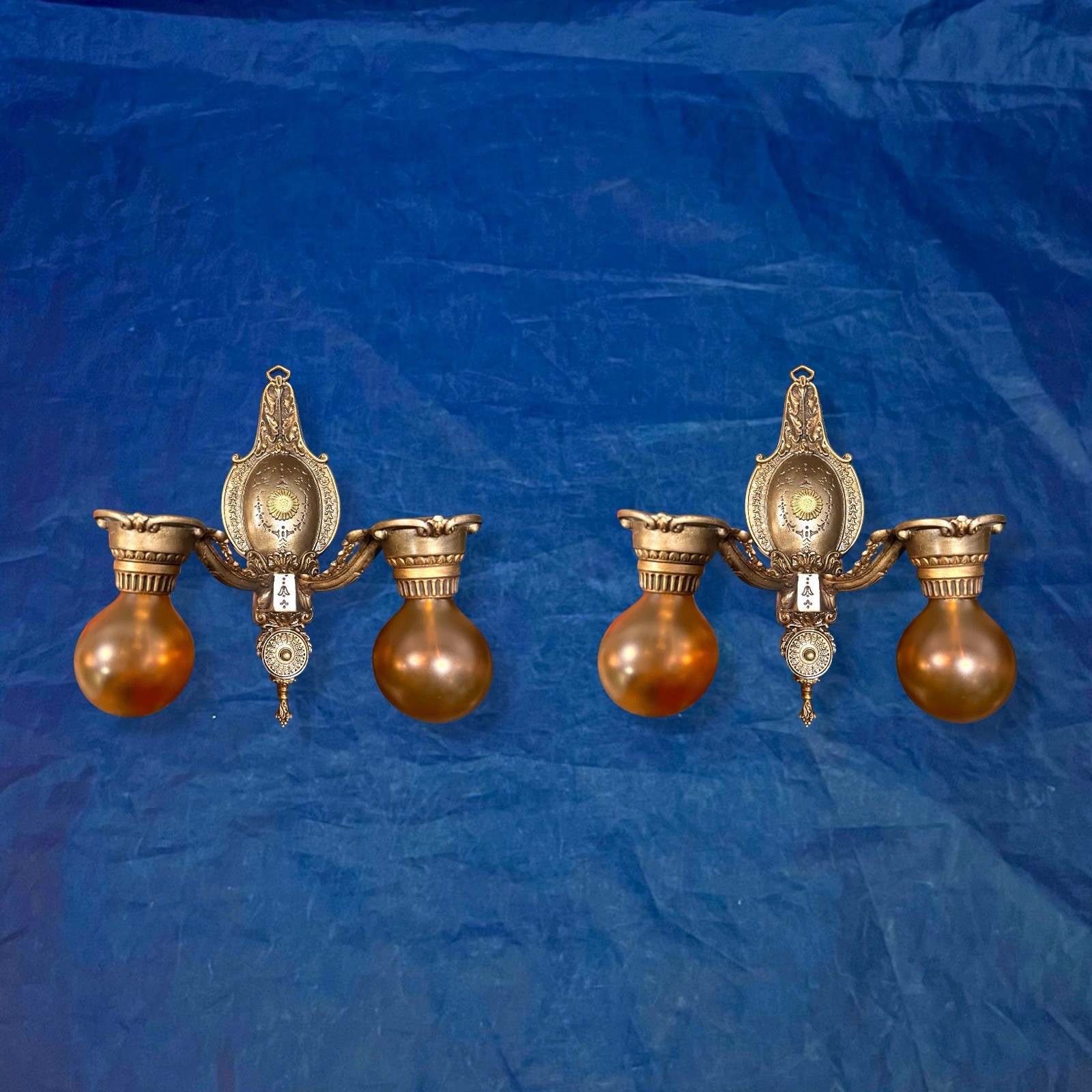 Wired Pair Antique Polychrome Double Arm Nice Wall Sconces Fixtures 70G