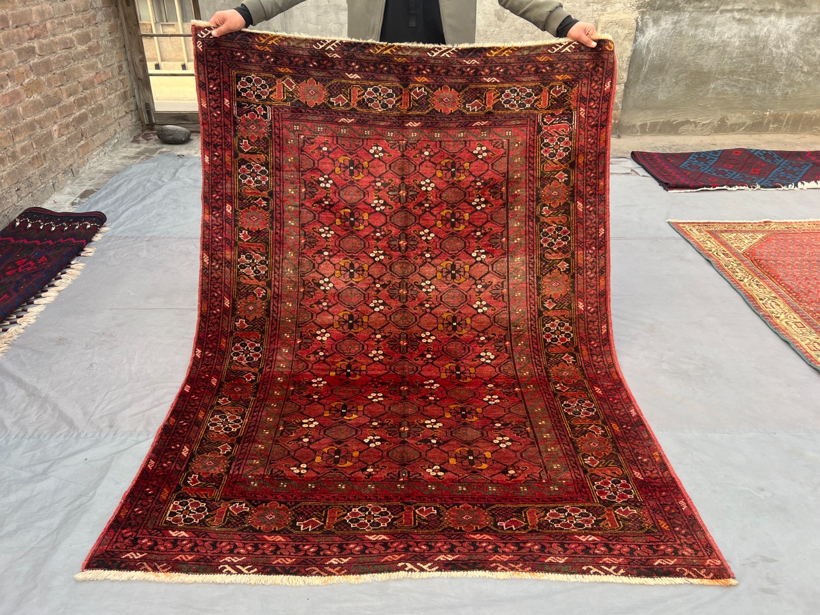 Red Terracotta Antique Turkmen Bashiri Rug, 1930s Hand Knotted Tribal Area Rug