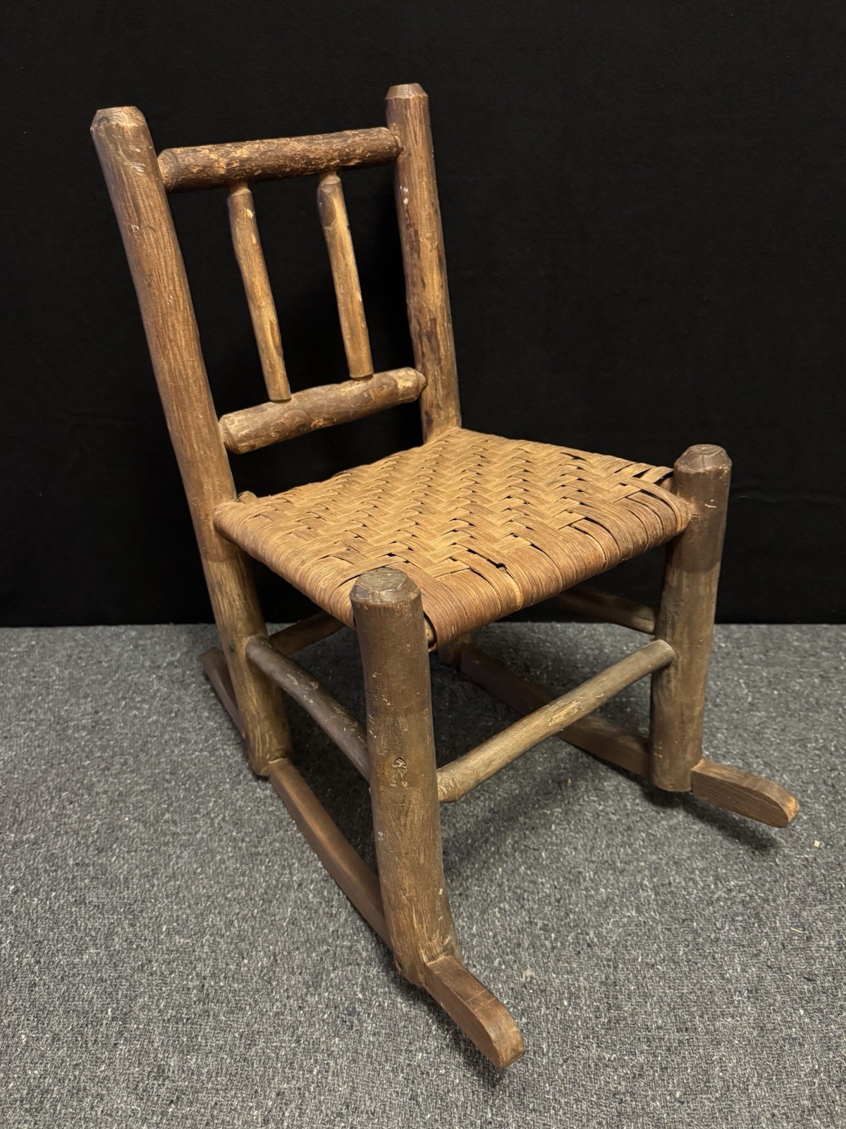 Vtg Rustic Adirondack Child Rocking Chair Handwoven Seat Farmhouse Decor (opt 1)
