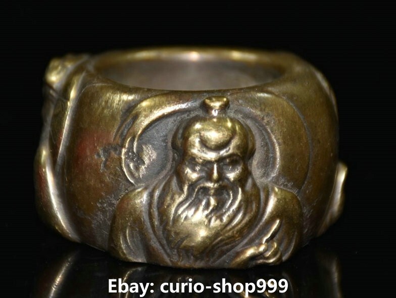 4cm Old Chinese Bronze Ancient Shakyamuni Buddha Laojun Head Finger Ring Statue