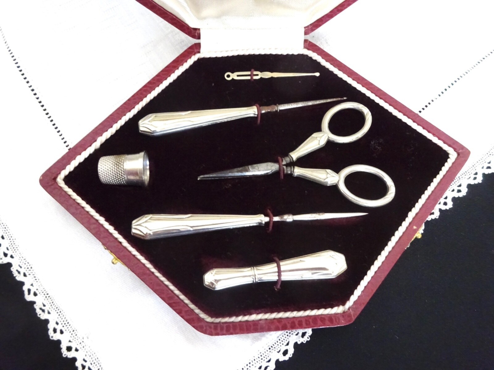 Art Deco Sewing Case French Silver Vintage Kit Antique Scissors Needle Case..