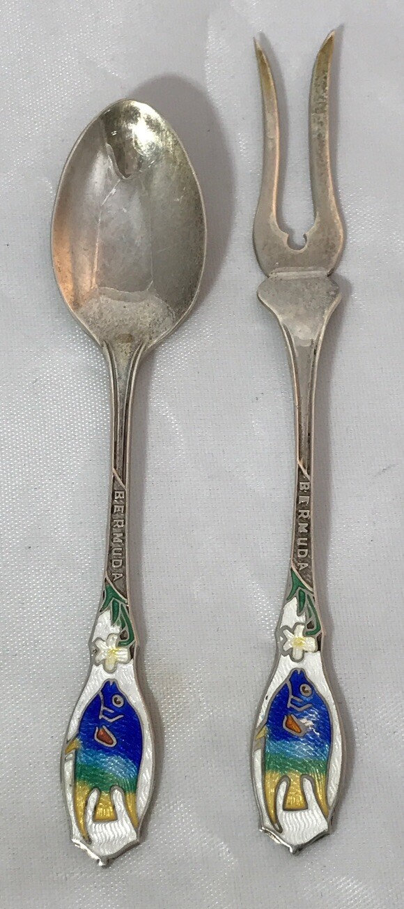 LOT OF 2 VINTAGE STERLING SILVER BERMUDA BM CO SOUVENIR ENAMEL FISH SPOON & FORK