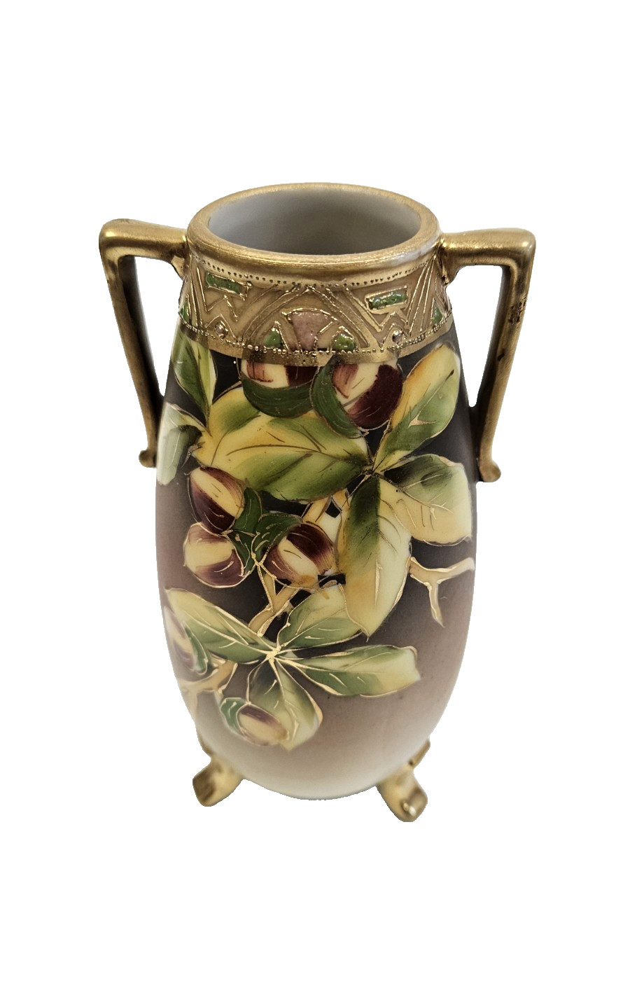 Nippon maple leaf Hand Painted 2-Handled, Tri-Footed Gold Gilt Trim Floral Vase