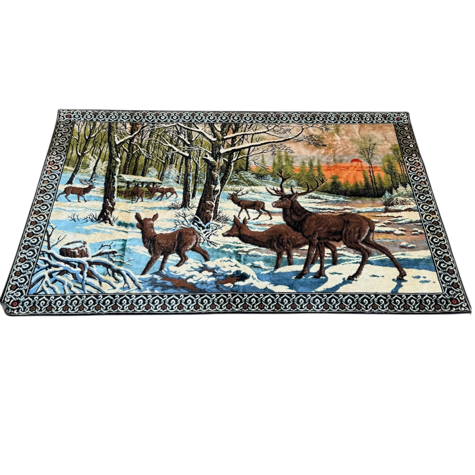 Tapestry Deer Sunset Rug Wallhanging Buck Hunting Cabin 47”x 72” Italy Vtg
