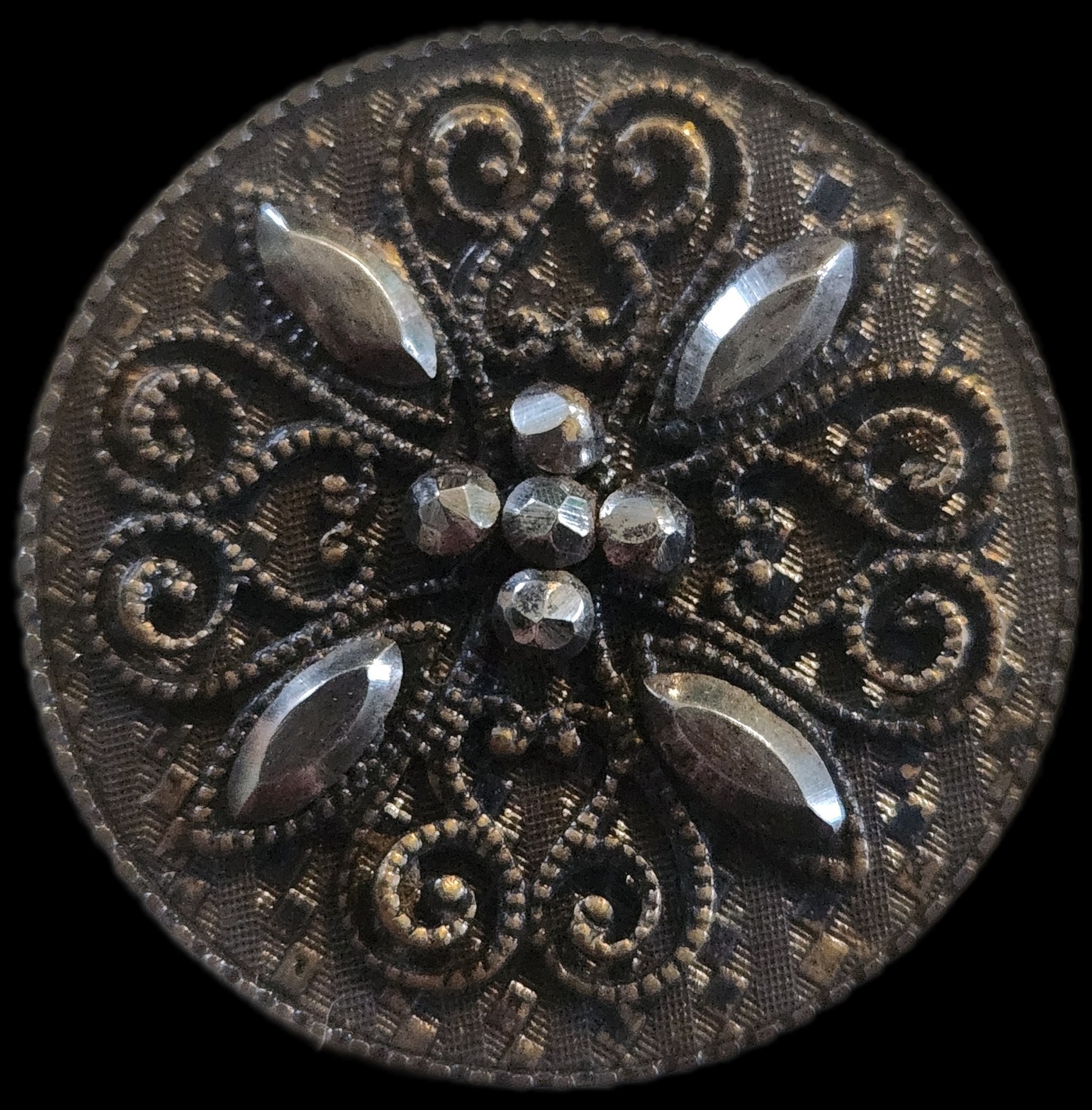 Antique Victorian Lacy Black Glass Button Silver Luster Floral Motif c. 1890s