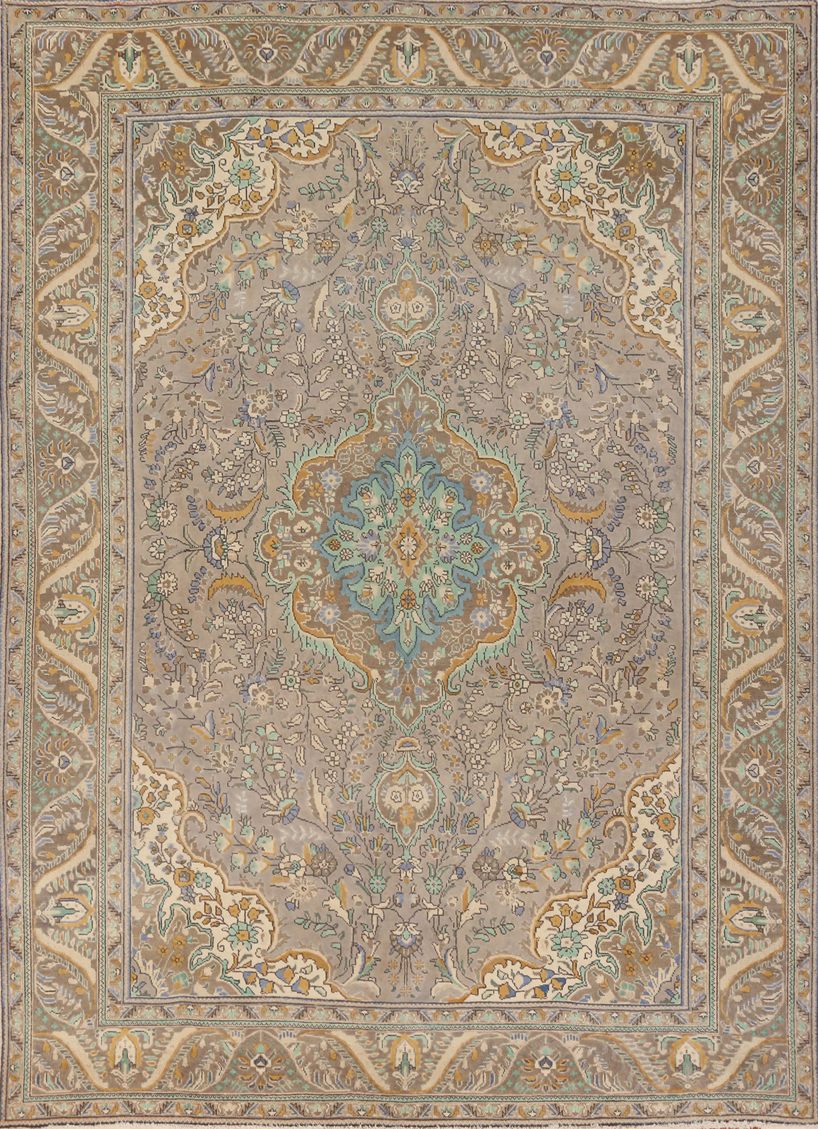 Floral Gray/ Brown Over-Dyed Wool Hand-made Room Size Rug Vintage Carpet 10×12
