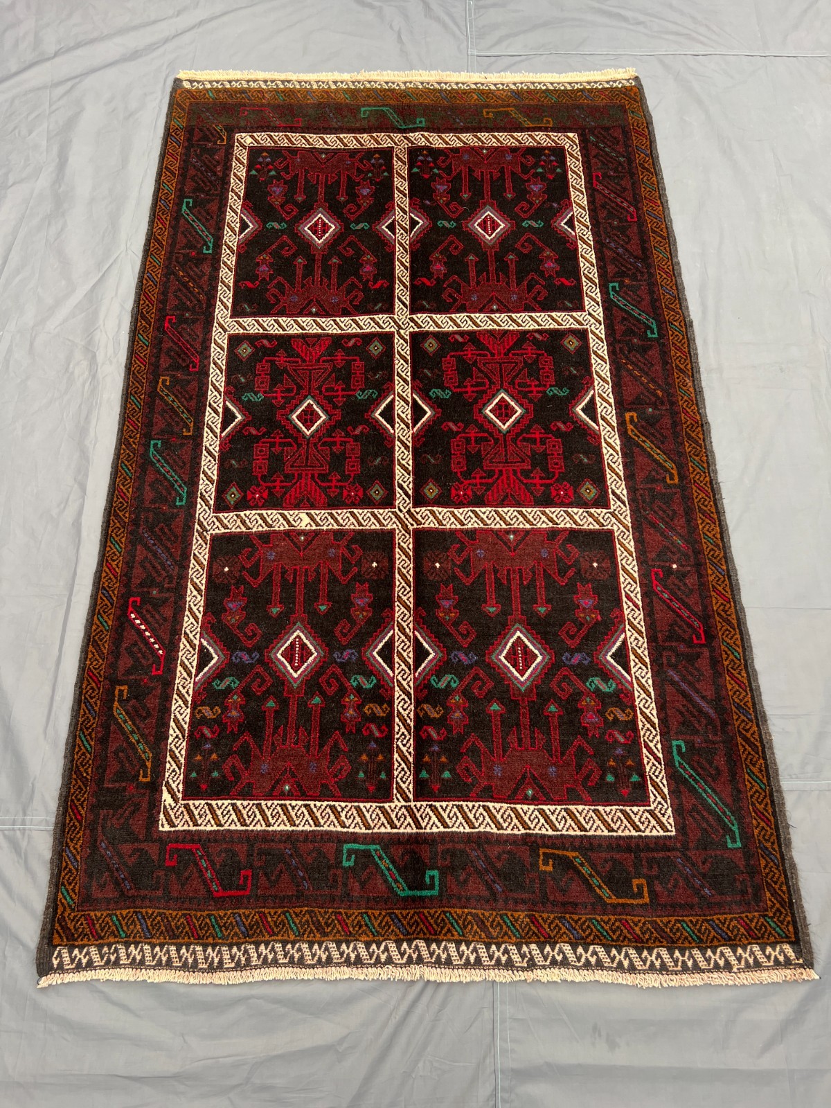 3’8×6’7 ft Vintage Afghan Baluchi Hand Knotted Geometric Panel Wool Area Rug