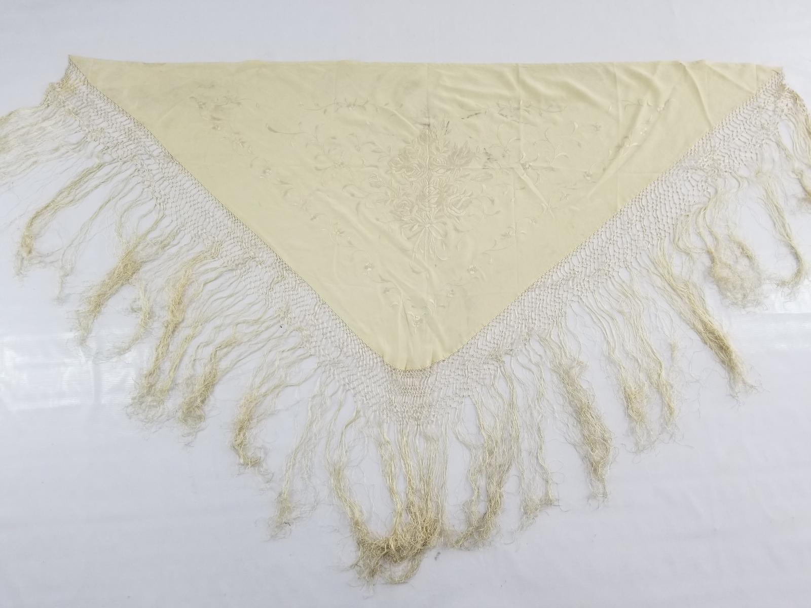 Antique Chinese Silk Hand Embroidered Floral Shawl 156x68cm