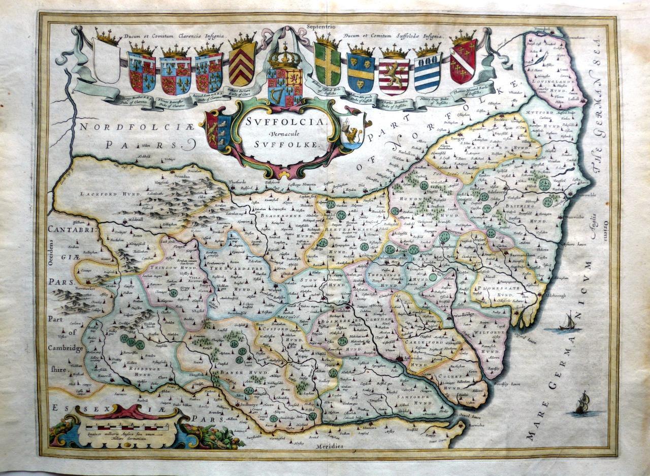 SUFFOLK SUFFOLCIA BY JOAN BLAEU c1654 GENUINE ANTIQUE ENGRAVED MAP