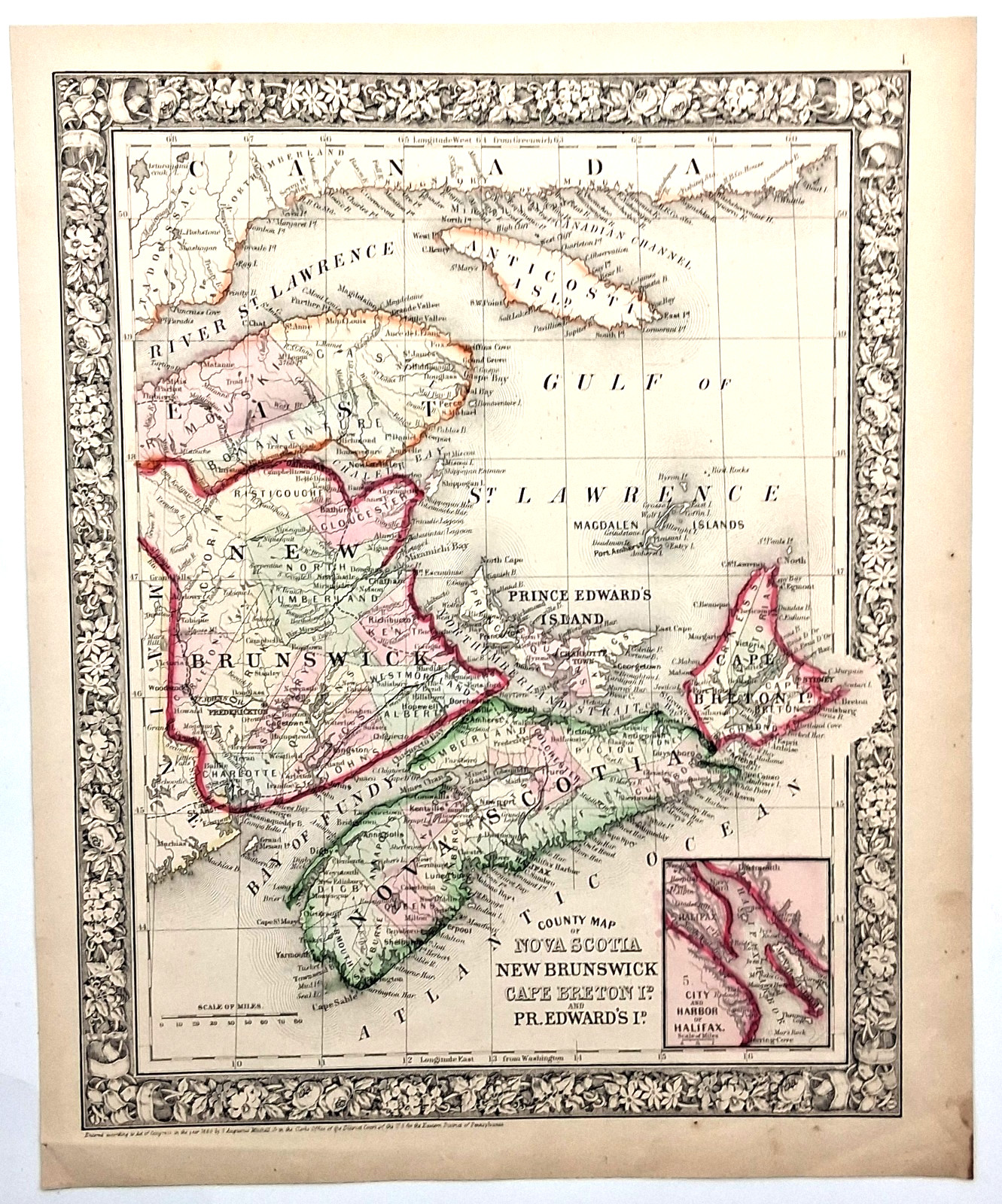 CANADA Maritime Provinces — antique 1860 map
