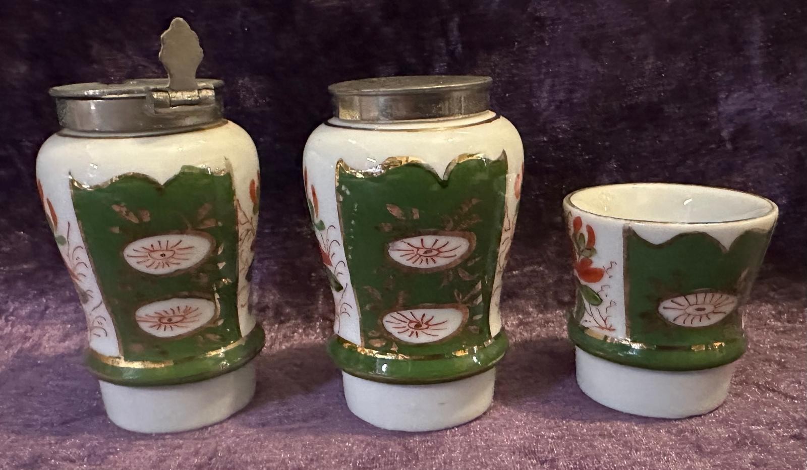 Chinese Green &White &Orange Floral Lidded Mini Jar + Salt & Pepper Shaker