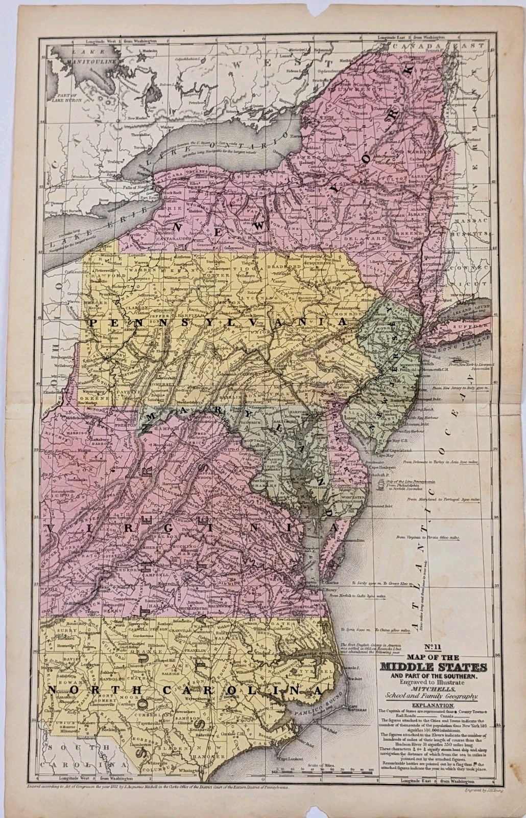 1852 Map Eastern States NORTH CAROLINA – VIRGINIA – NEW YORK – NEW JERSEY