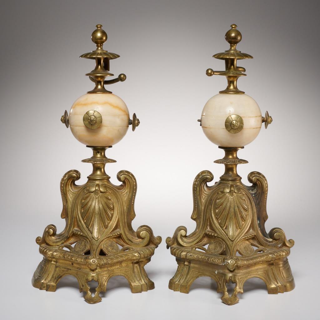 Antique French Marble Gold Gilt Iron Andirons Chenets Fireplace Fire Dogs 16″h