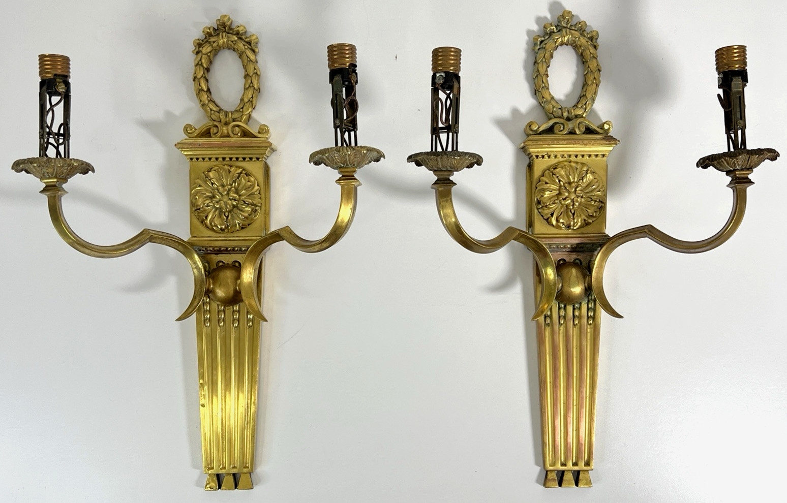 Antique E. F. Caldwell Double Arm Gilt Bronze Wall Sconces 19.5″ H Louis XVI