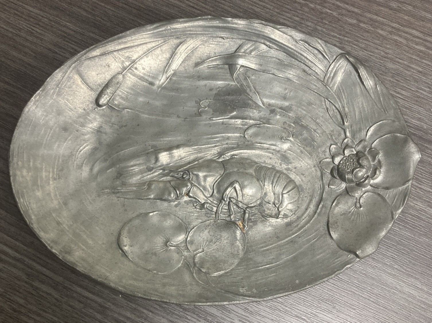 Antique Orivit Pewter Calling Card Tray With Crawfish & Cattails 1900