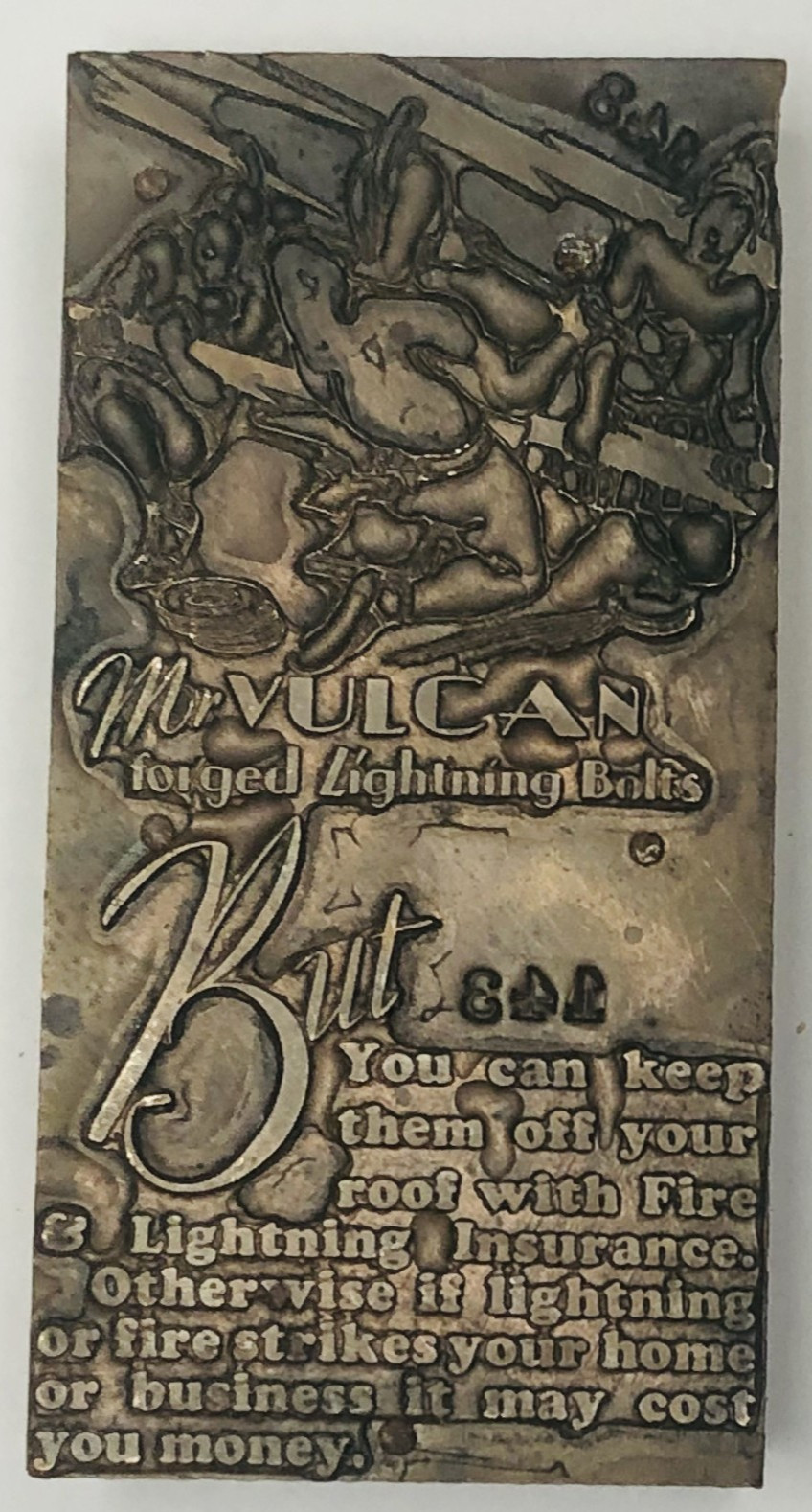 “Mr Vulcan” Insurance Ad Vintage Metal On Wood Letterpress Printing Block