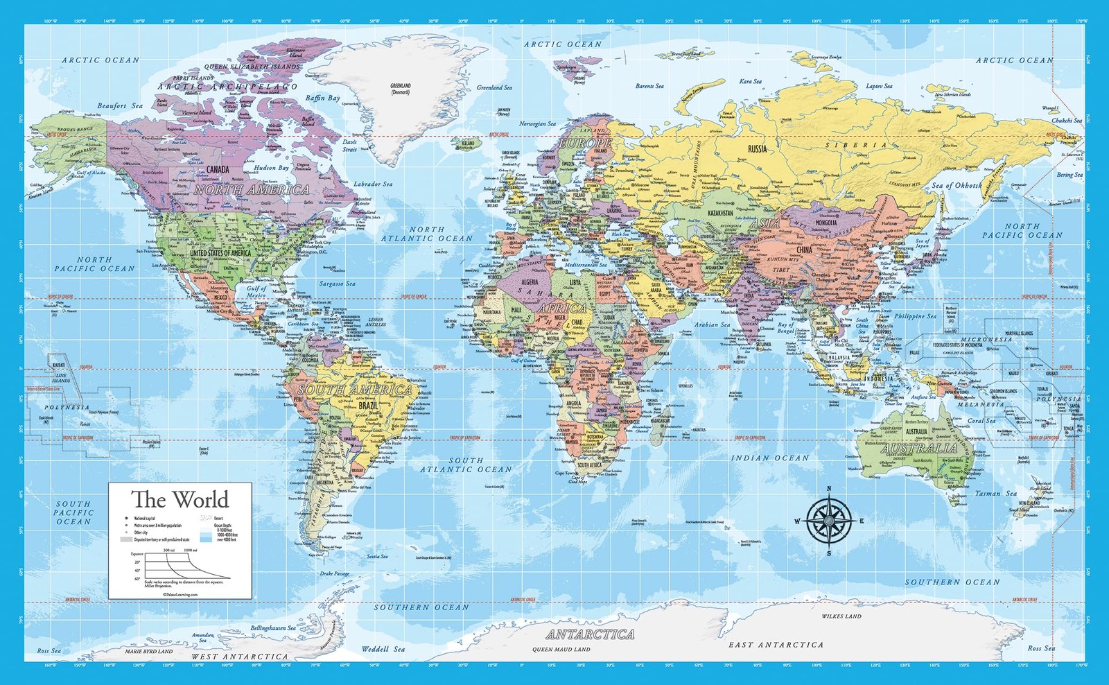 Laminated World Map Poster – Wall Chart of Earth – 18″ x 29″, Light Blue