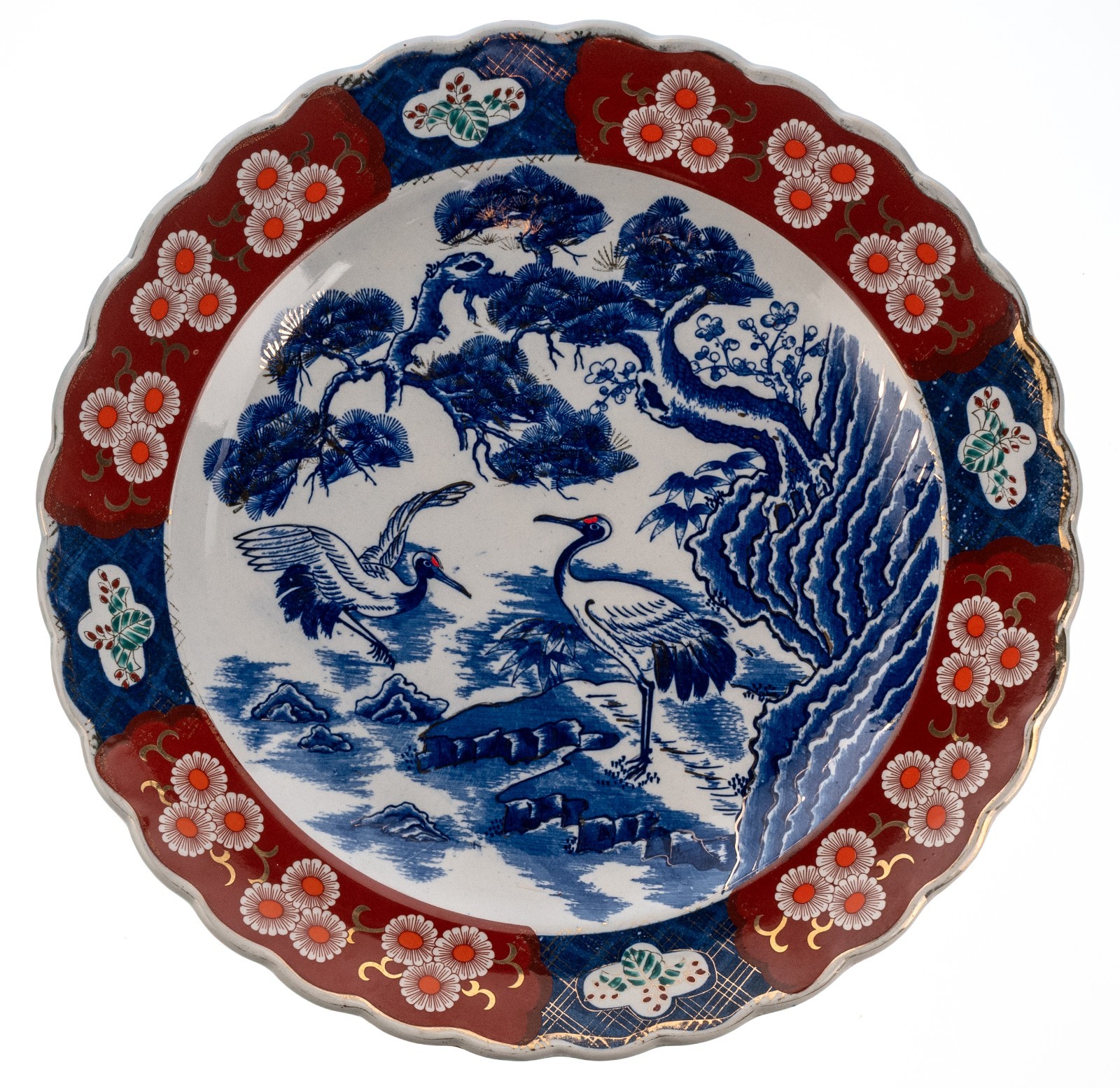 Antique Taihodo 16″ Charger Plate Late Meiji-Taishio Cranes Pine Trees 4.75lbs