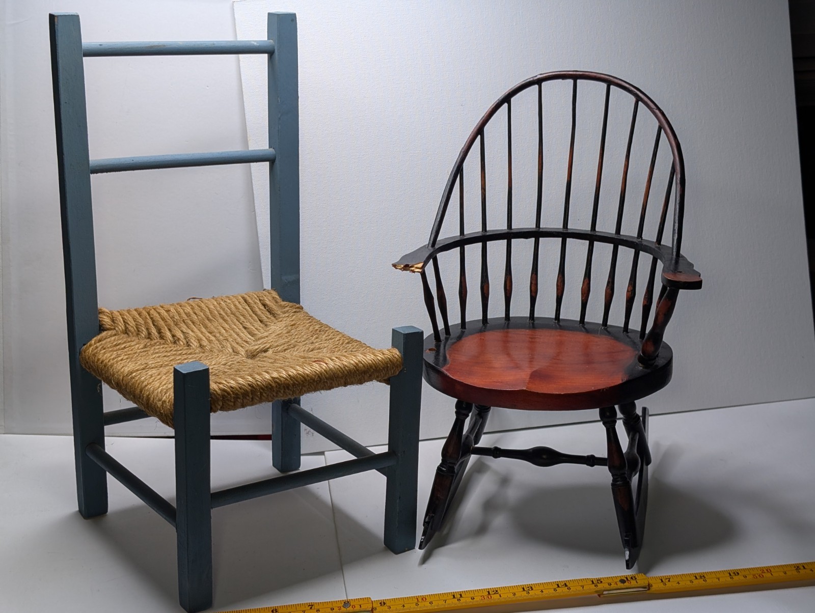 Primitive Miniature Chair Set Rush Seat & Windsor Rocking Chair Farmhouse Decor