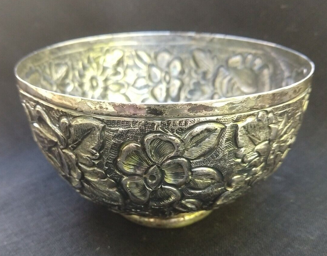 RARE VINTAGE MEXICAN STERLING SILVER J. VIGUERAS REPOUSSE BOWL w/ GLASS INSERT