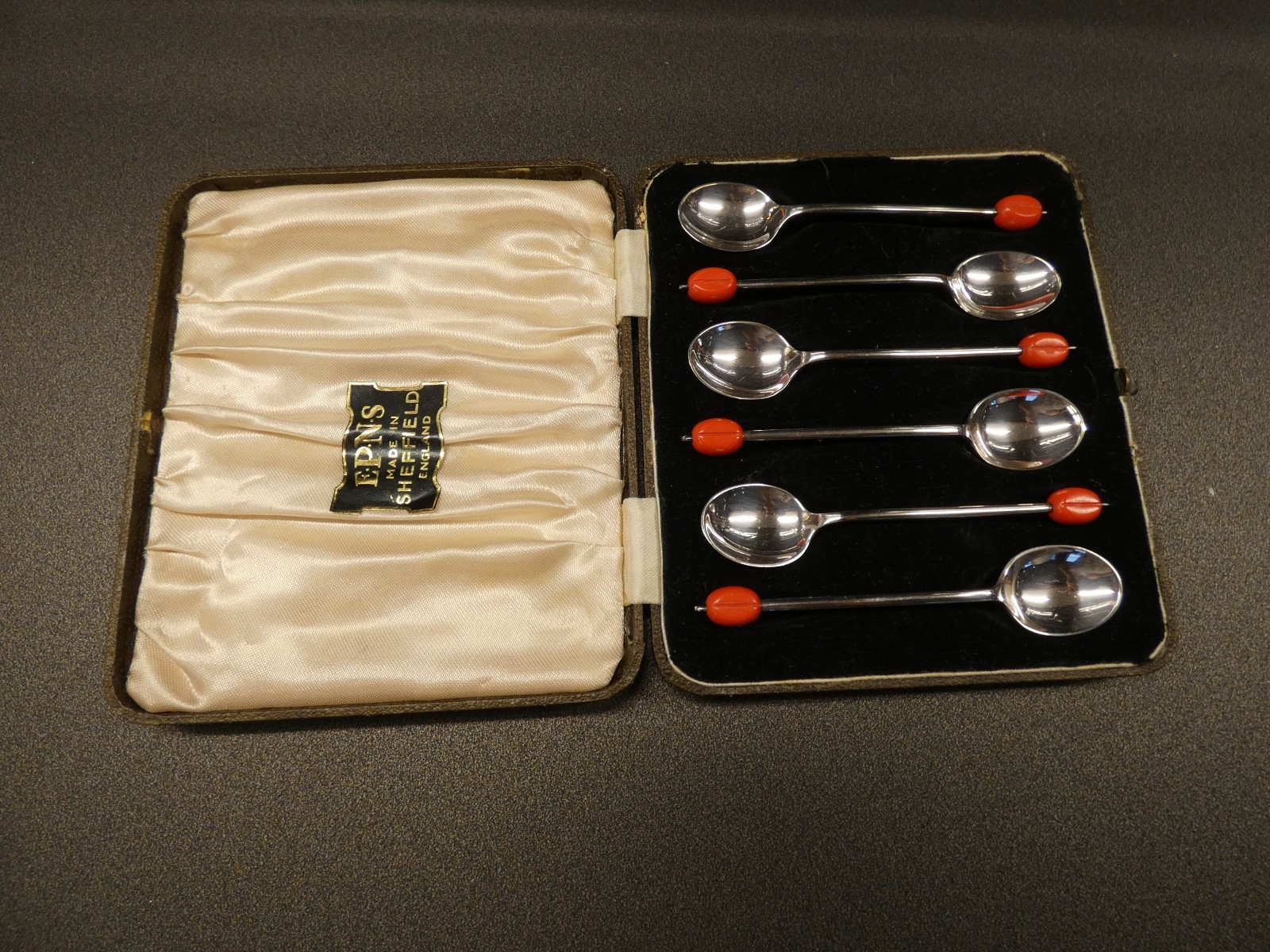 Vintage EPNS Silver-Plated Coffee Bean Spoons Set of 6 Red Coffee Bean Handles