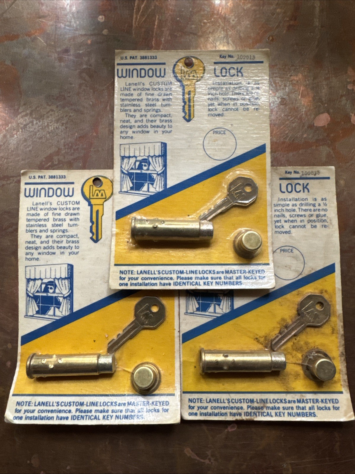 3 VINTAGE KEYED ALIKE WINDOW LOCKS LANELL’S CUSTOM LINE LOCK Lanells