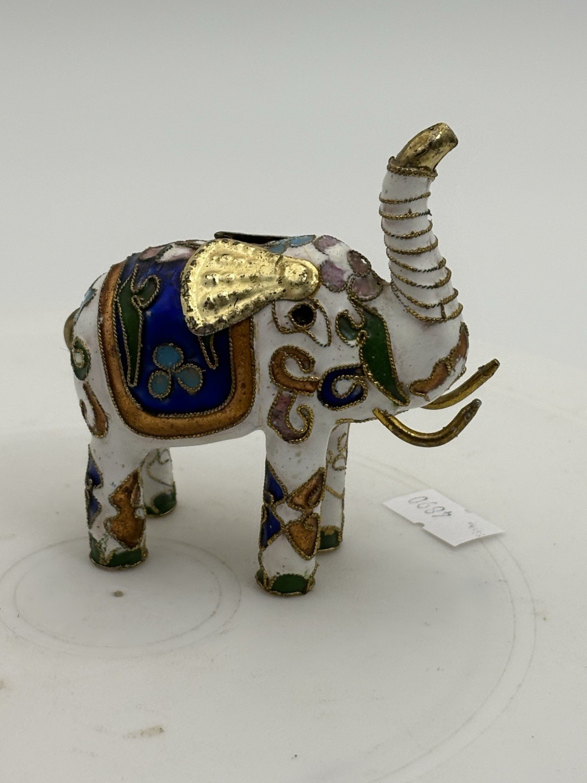 Vtg Miniature White Elephant Figurine Chinese Cloissone Enamel Gold Accents