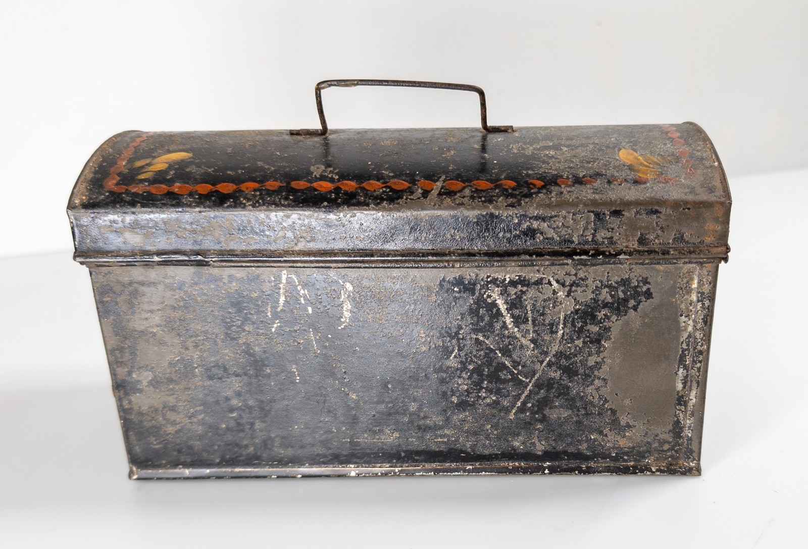 Antique 19th C. Rustic Painted Toleware Tin Box with Painting