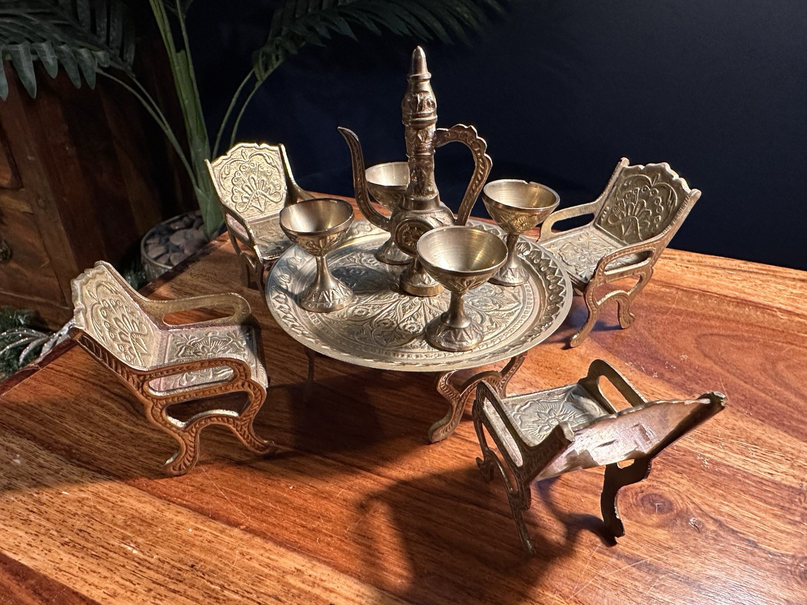 Vintage Brass Miniature Middle Eastern Coffee Table Set With Chairs & Goblets