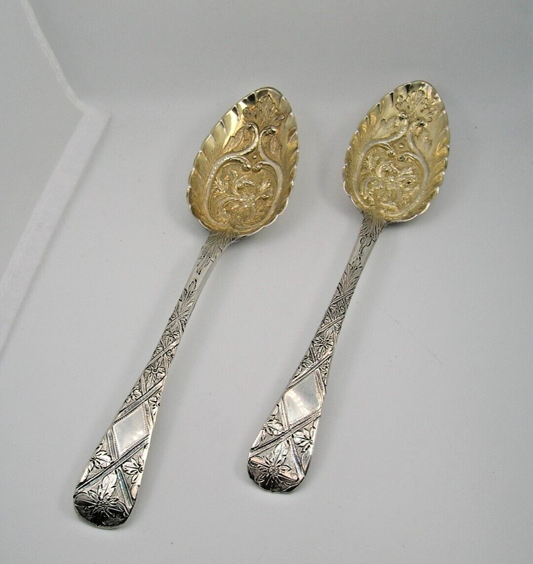 SAMUEL HOUGHAM, LONDON 1812 PAIR OF LARGE BERRY SPOONS WITH GILDED BOWLS 4.18 OZ