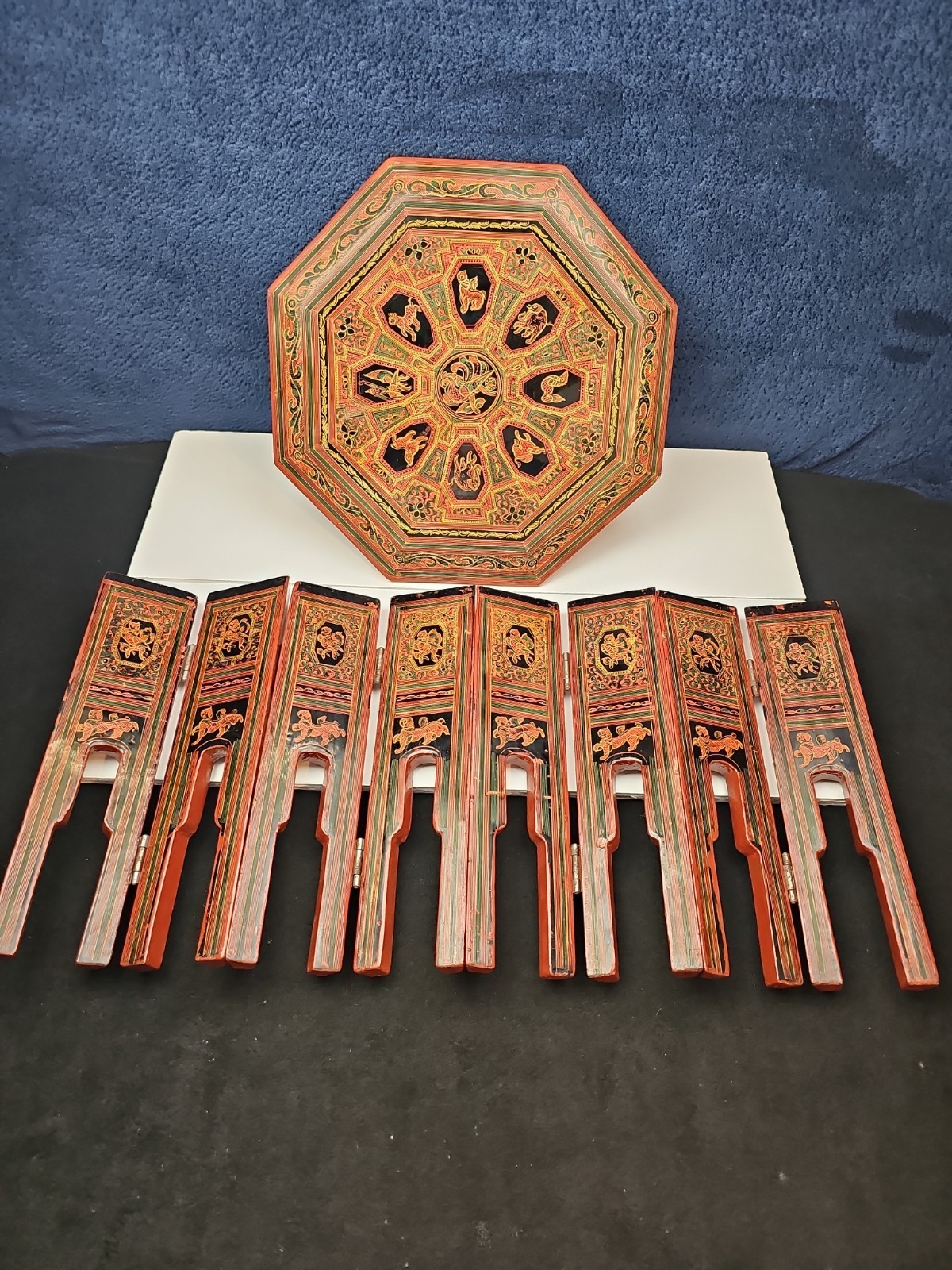 Traditional Burmese Lacquerware Octagonal Folding Tea Table 12×12.5 VINTAGE