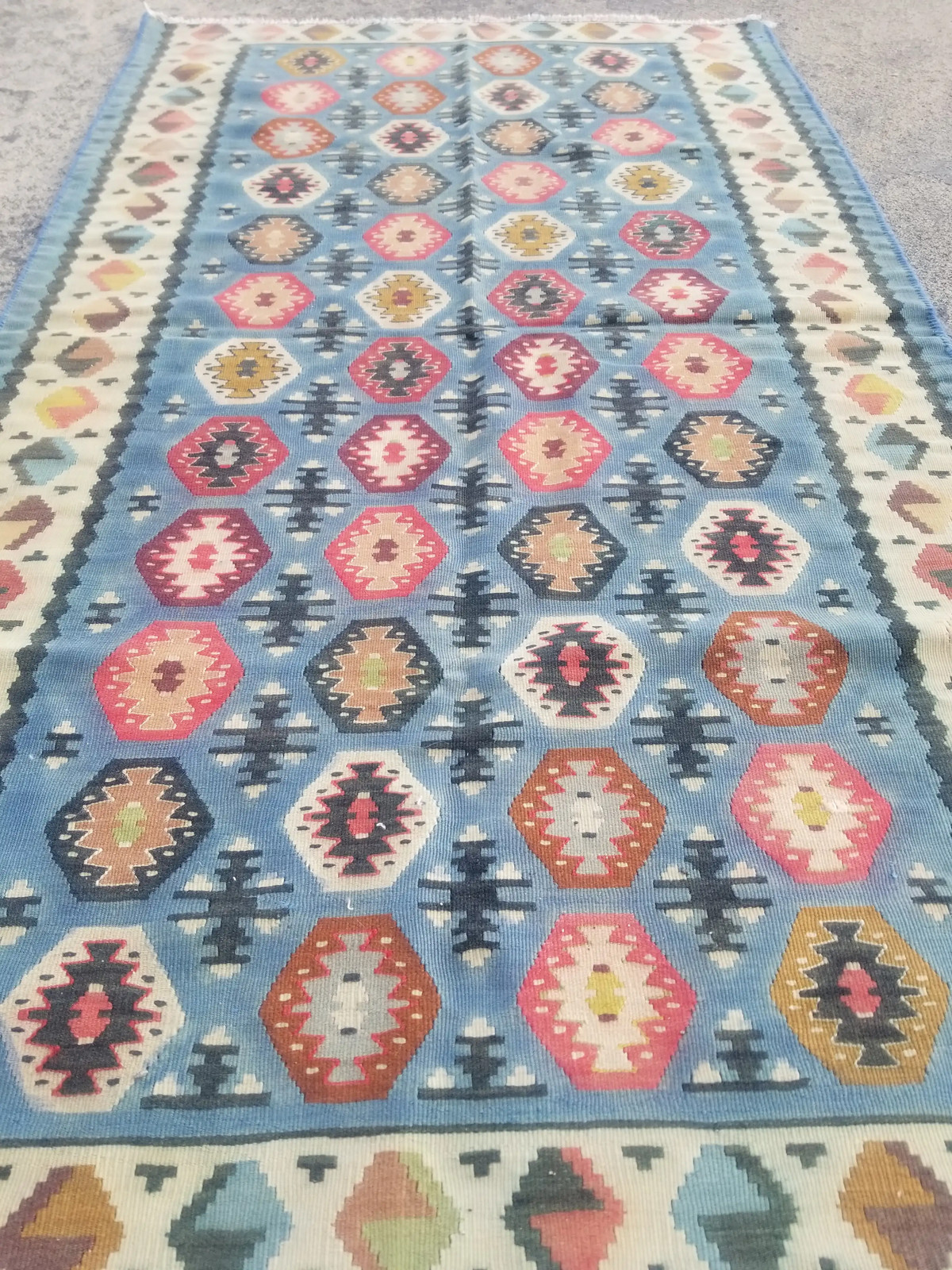 Distressed Vintage Traditional Handmade Turkish Wool Blue Kilim 4.9×2.7ft