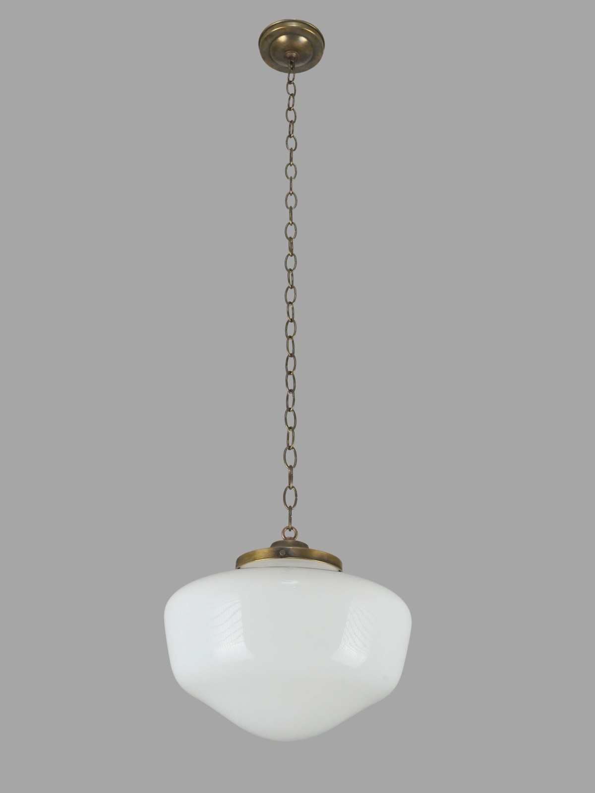 Antique 13.625 in. Schoolhouse Milk Glass Brass Pendant Light