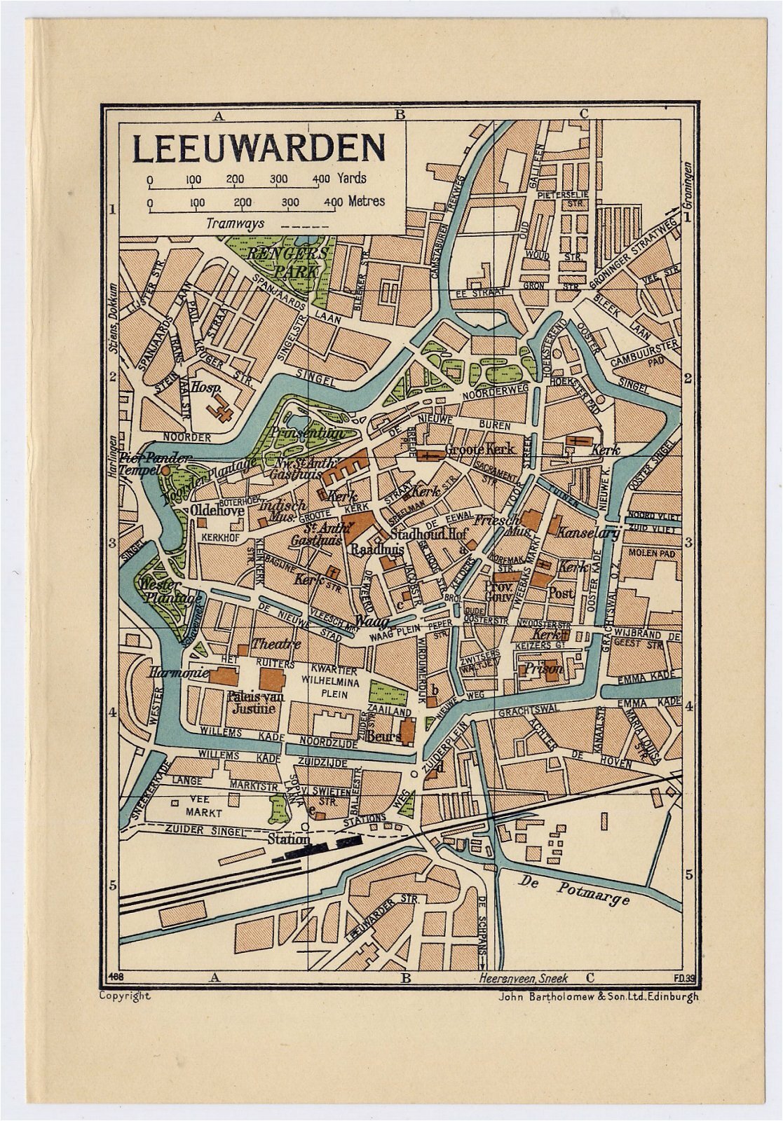 1933 VINTAGE CITY MAP OF LEEUWARDEN / NETHERLANDS HOLLAND