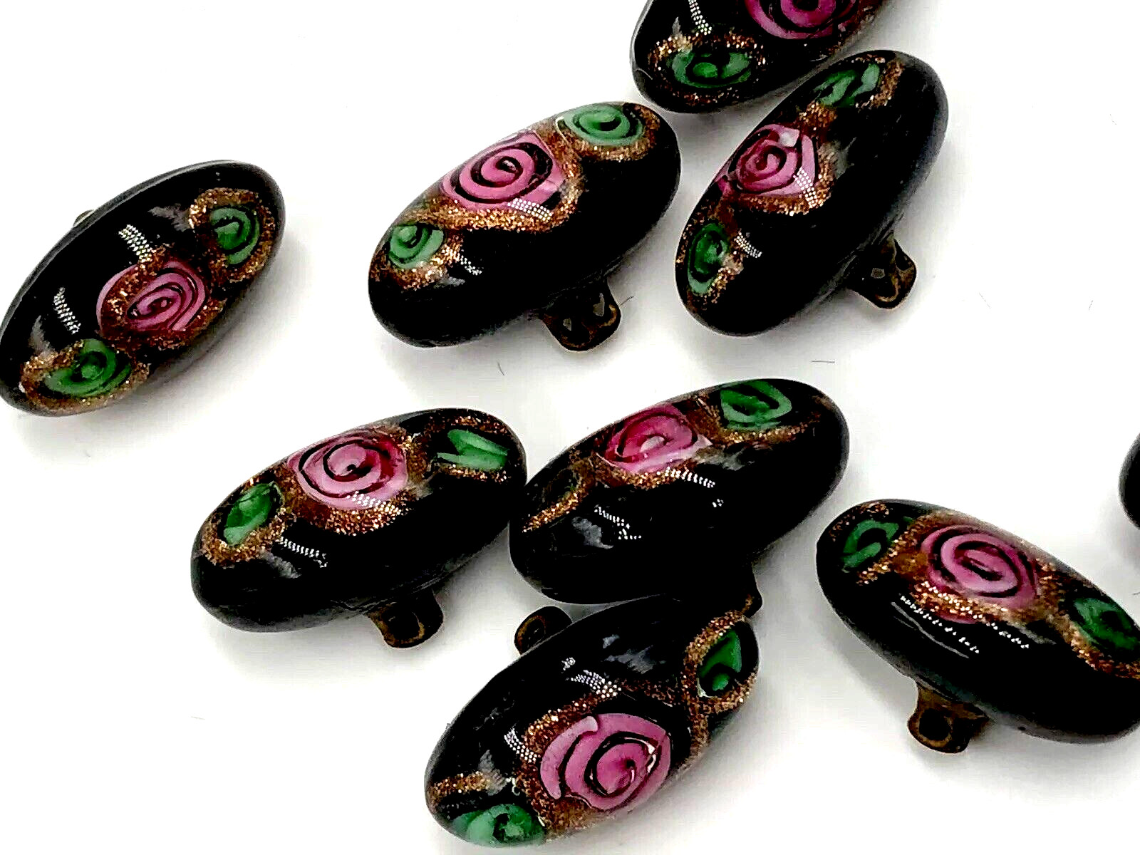 LOT OF 11 ANTIQUE VICTORIAN VENETIAN BLACK GLASS PINK ROSE GREEN GOLD BUTTONS IT