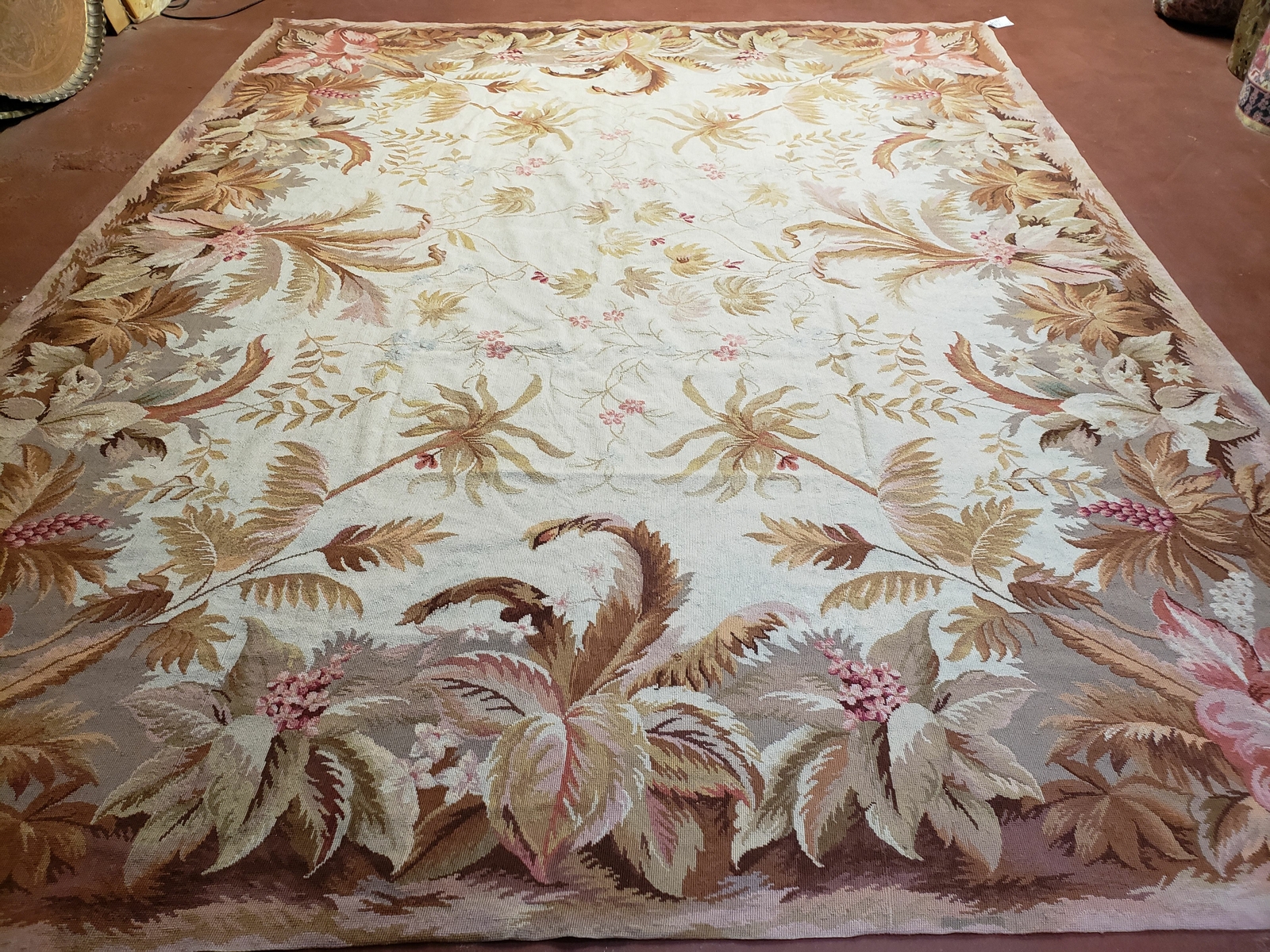 7′ 7″ x 9′ 8″ Needlepoint Rug Floral Beige Flat Weave Carpet 8×10 Handmade New