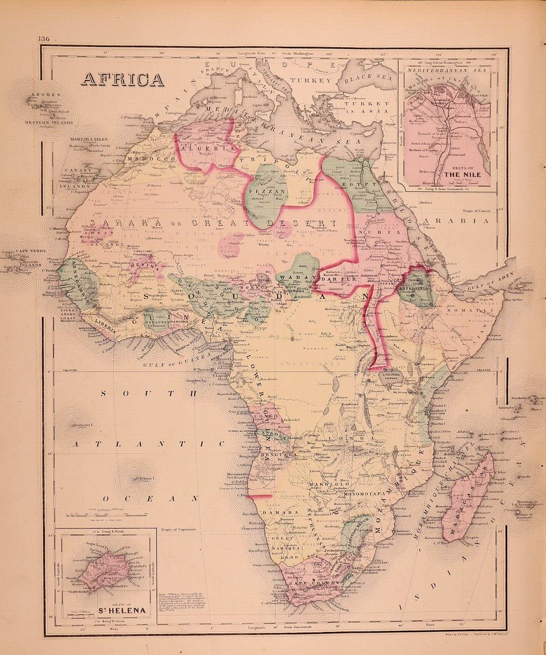 1876 Map ~ AFRICA – St. HELENA – FEZZAN – SOUDAN – DELTA of the NILE (14×17)-#15