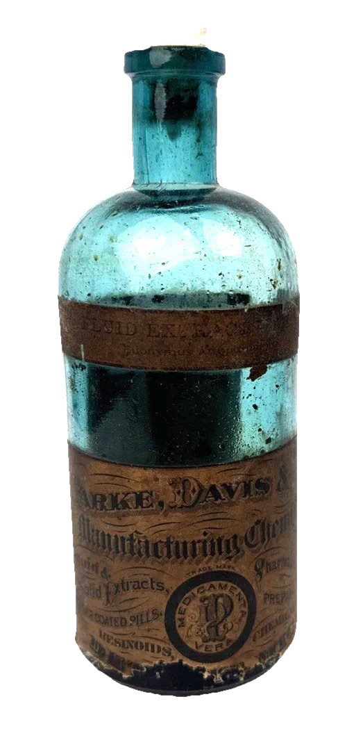 Antique Vtg Apothecary Blue Glass Medicine Jar Bottle Parke Davis & Co Wahoo