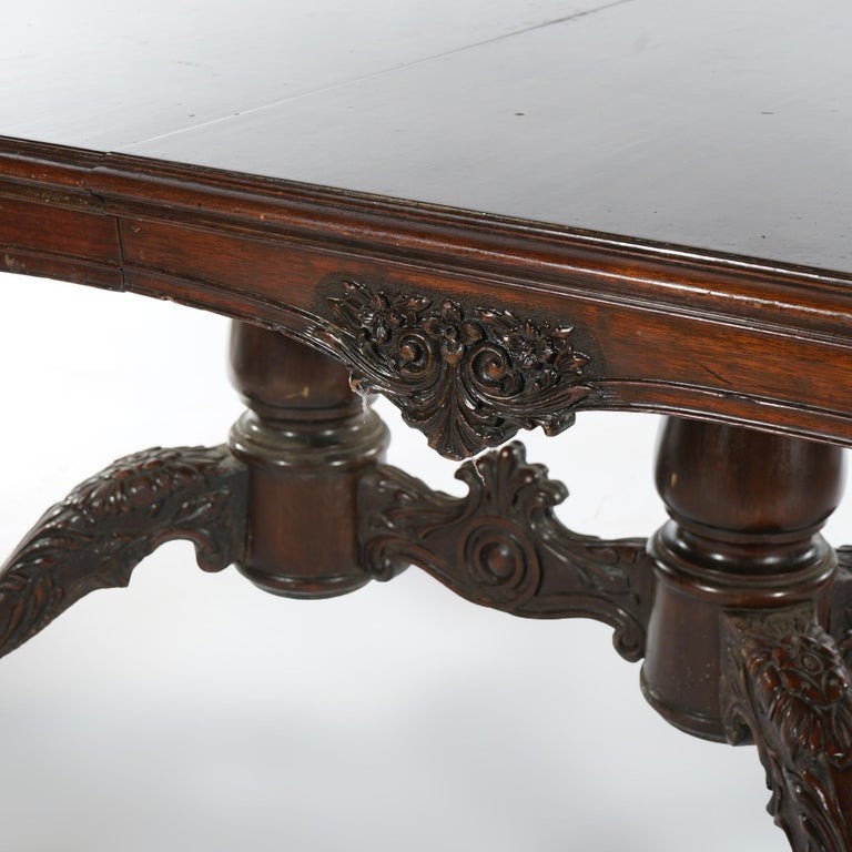 Antique Chippendale Carved Mahogany Double Pedestal Dining Table Circa 1930