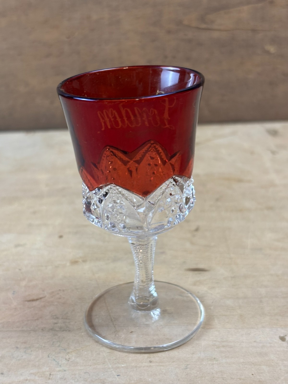 #41G Antique London Ruby Red Flash Souvenir Glass Cut Glass Goblet