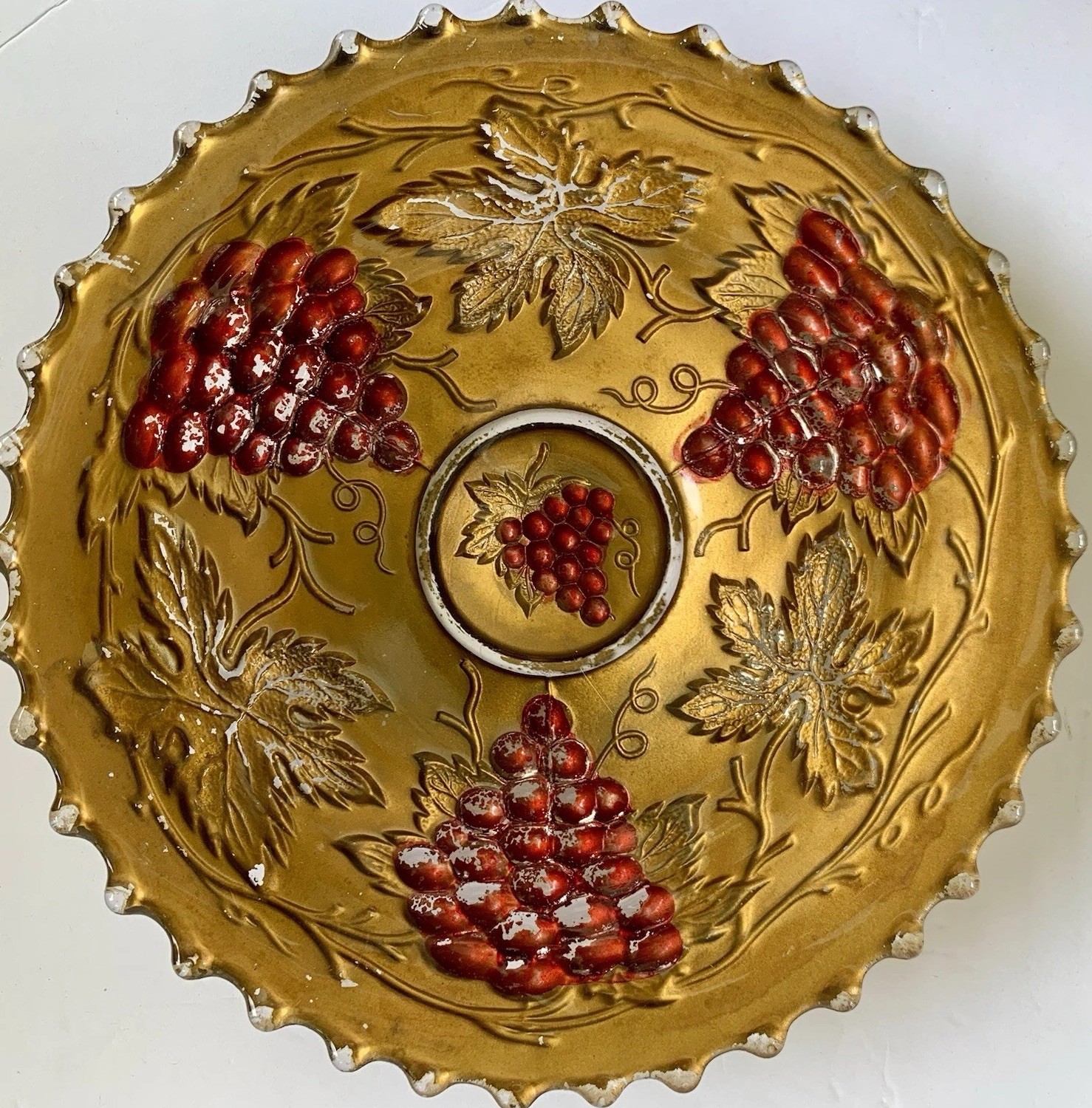Goofus Glass Plate Gold Red Grapes 9.75” Hobnail Edge Reverse Painted Antique