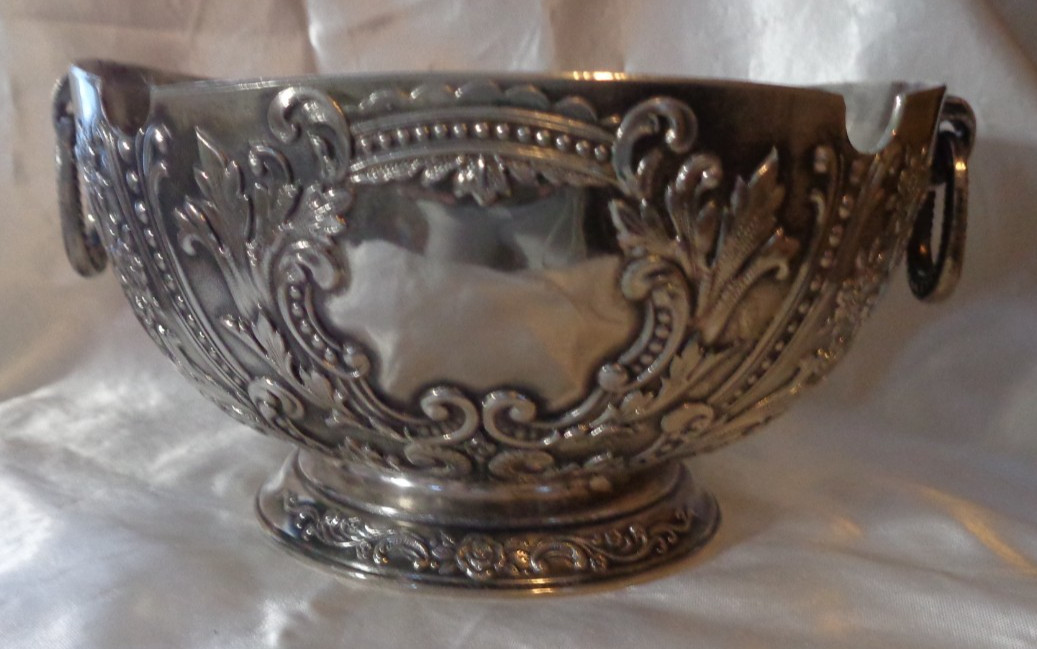Vintage Ornate Japanese Type Silver Plate Decorative Bowl Shield/Flower Designs