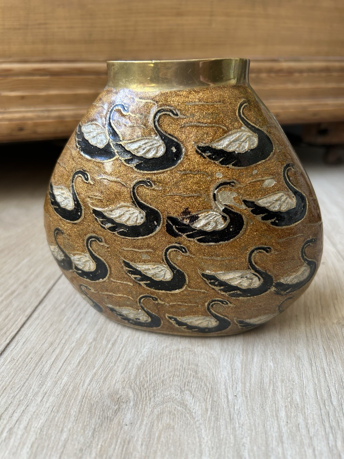 Vintage Heavy Brass Cloisonné Style Swan Vase Black & White Enamel Boho (1200)
