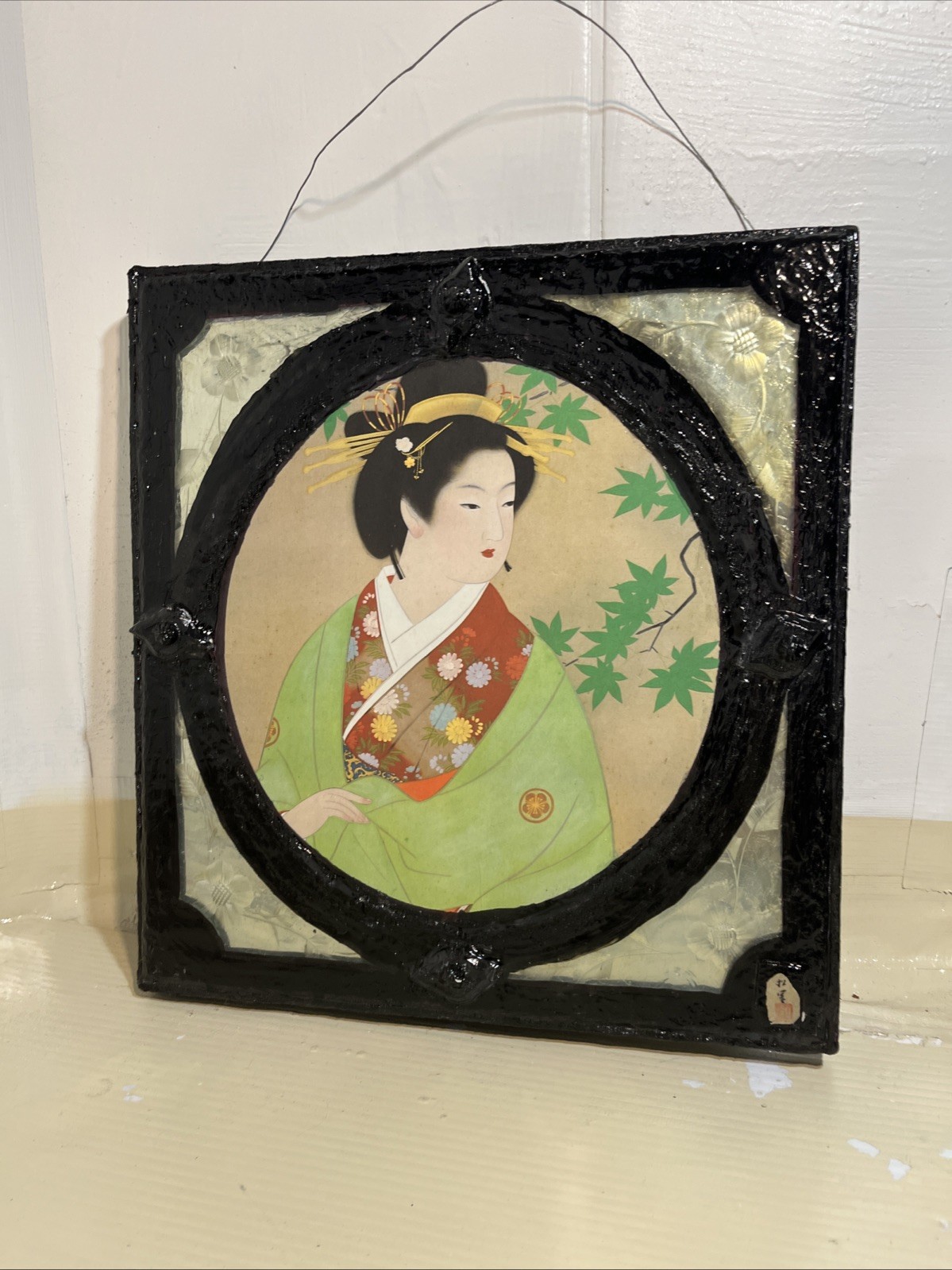 Japanese Vintage Print Uemura Shoen Geisha Mounted on Glass Signed and Red Stamp