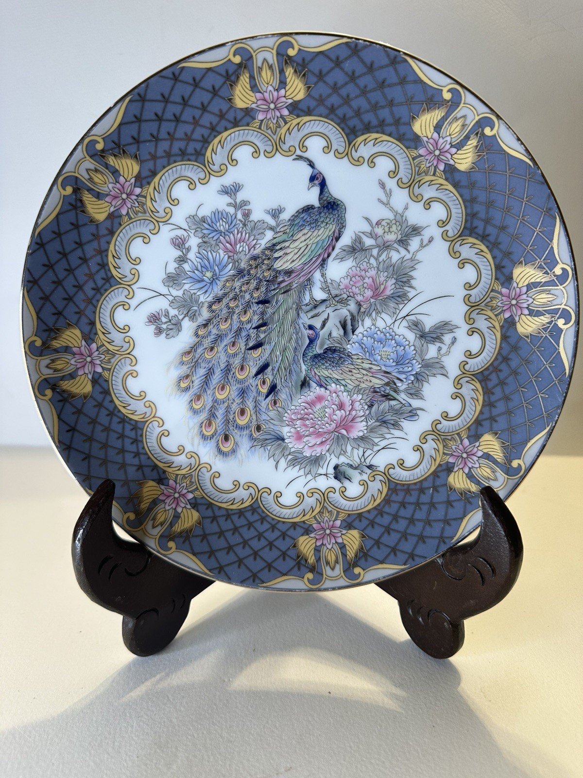VTG JAPANESE PORCELAIN 20.5cm DISPLAY CABINET PLATE PEACOCK BIRD PEONY GREY GILT