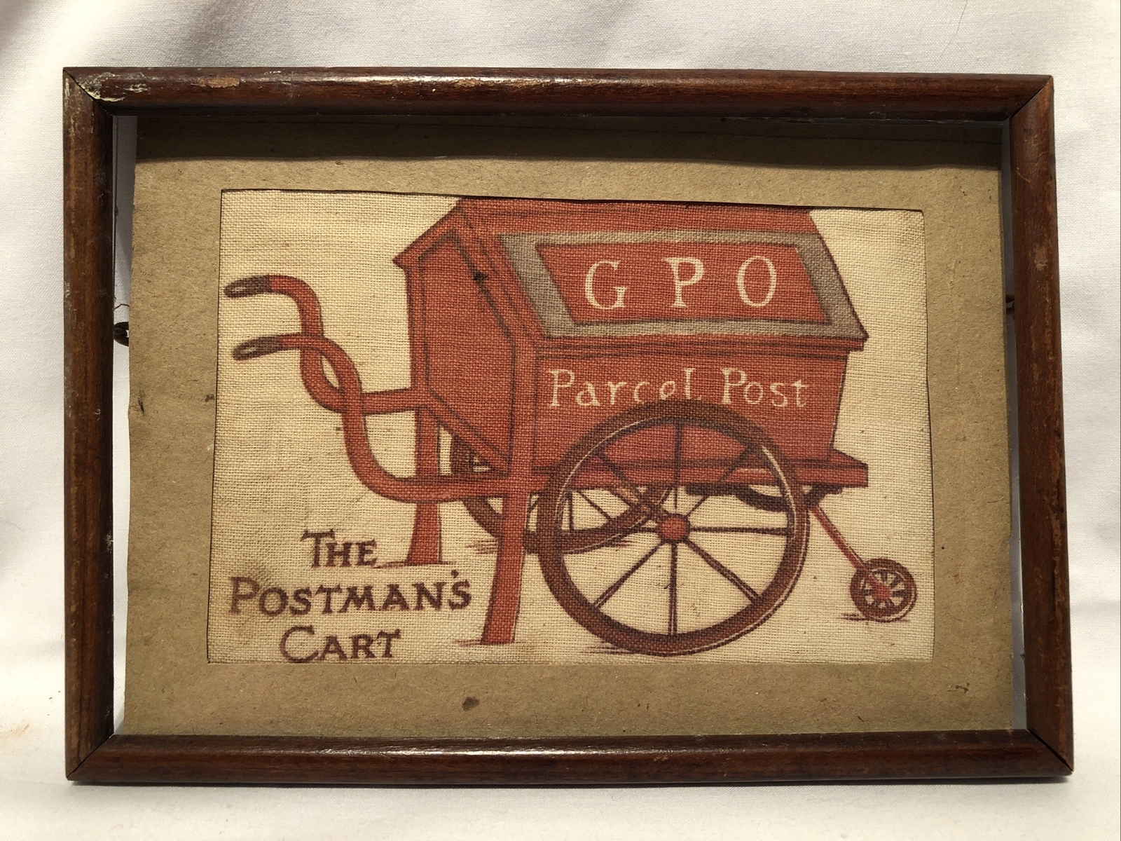 Antique Victorian Primitive British Postman’s Cart Linen Screen Print Painting