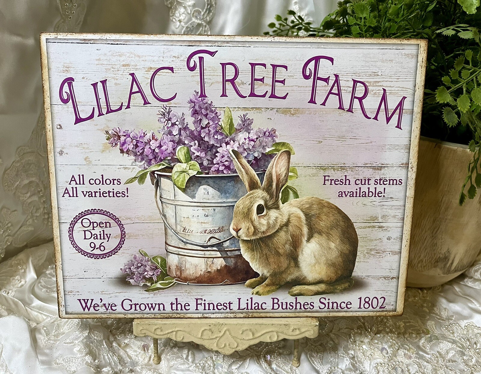 Bunny Rabbit, Lilac Tree Farm, Handcrafted Artist Canvas Flat Board Sign
