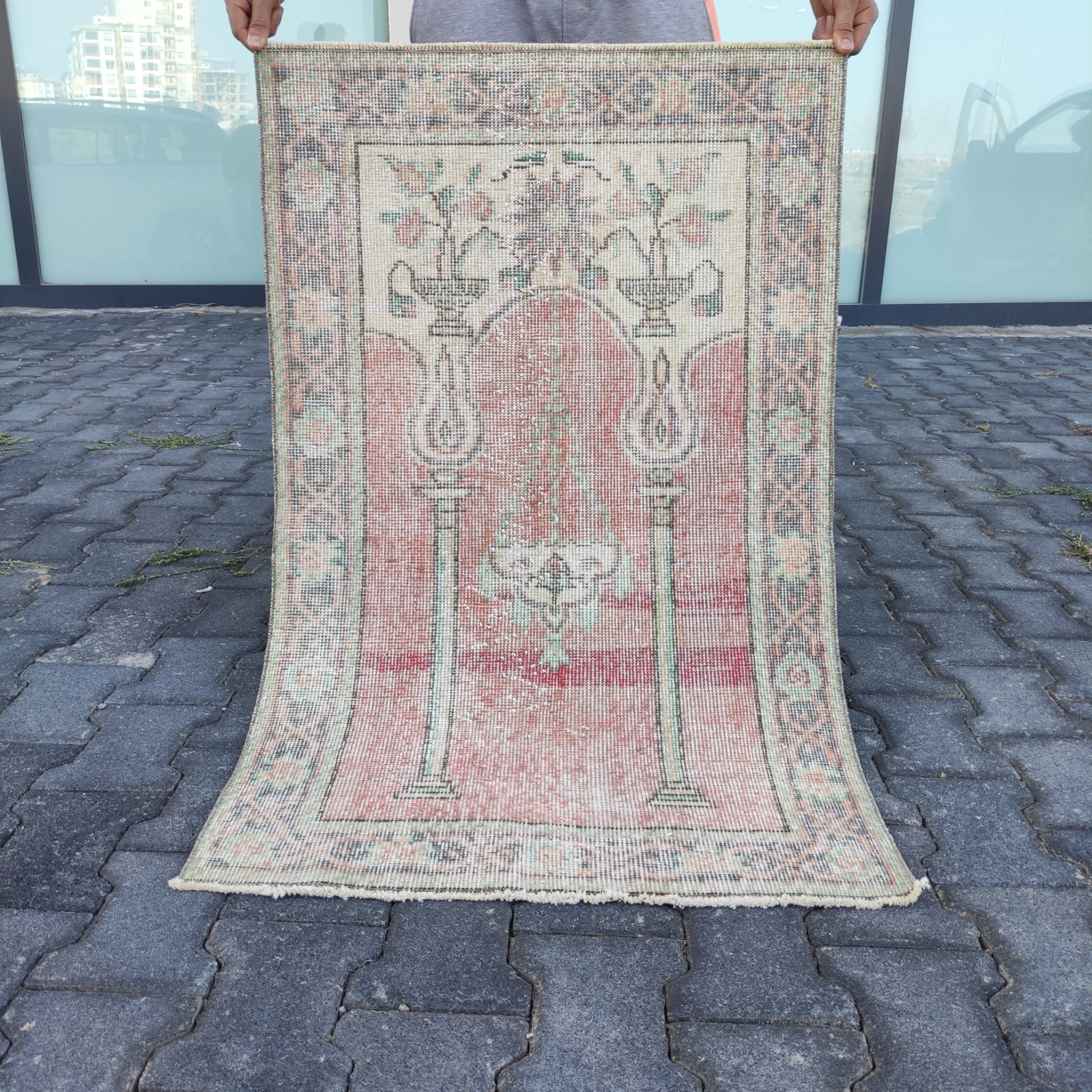 Vintage Prayer rug , Accent Rug 2.43 x 3.9 ft , Handmade Kitchen Rug 74 x 119 cm