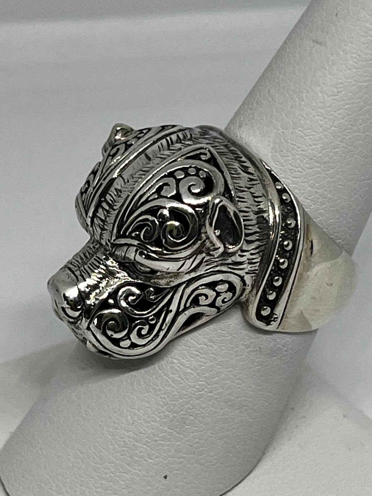 925 Silver Wolf Ring, Oxidized Wolf Head Ring, Animal Statement Ring, Size 8