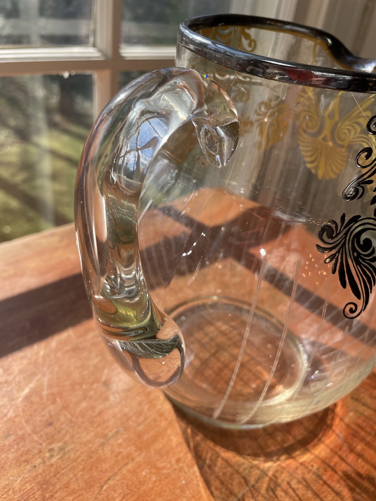 Antique Art Deco Silver Overlay Blown Etched Glass Lemonade Water Pitcher